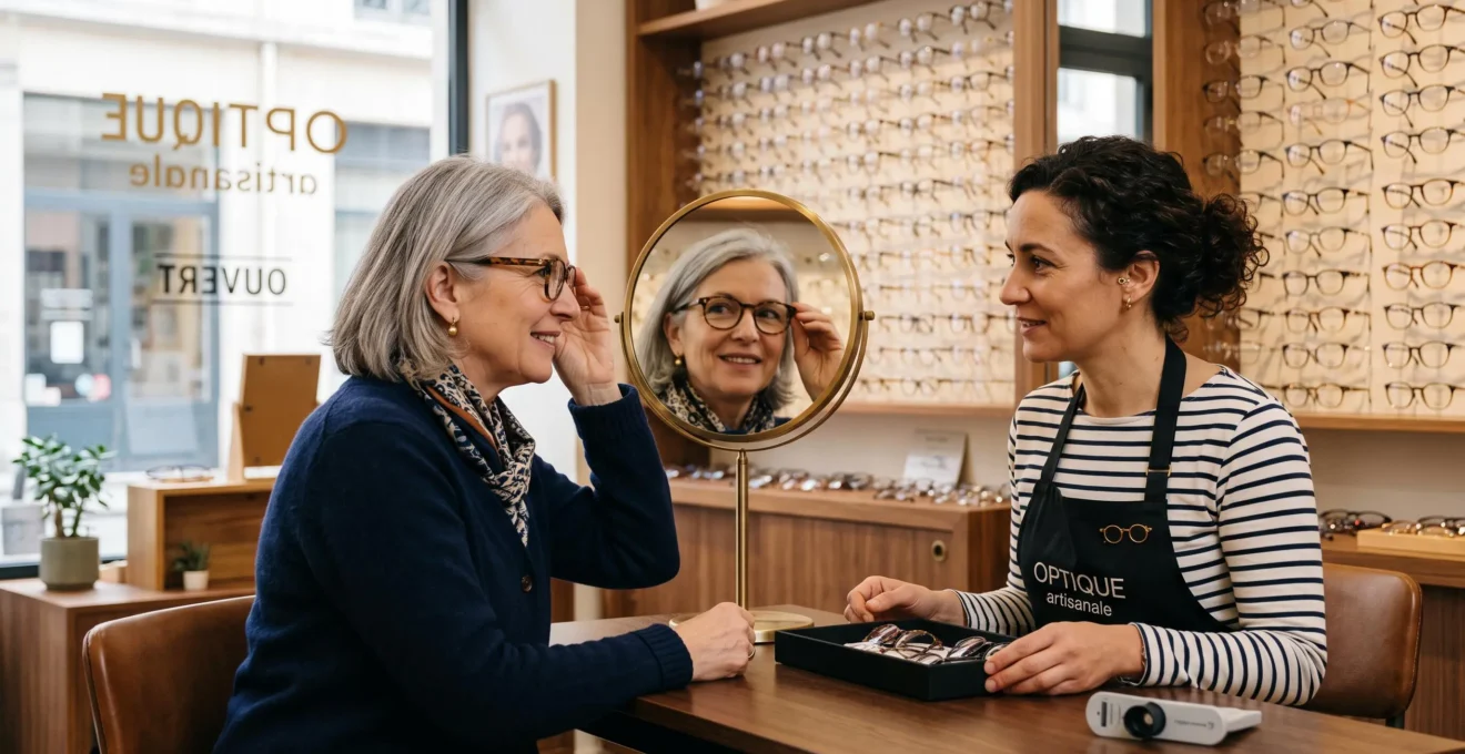Une cliente essaie des lunettes chez un opticien pendant que celui-ci la conseille.