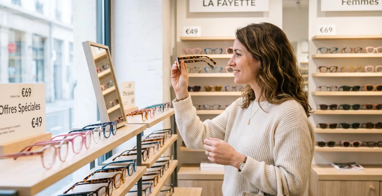 Une femme examine une monture de lunettes devant un présentoir en boutique.