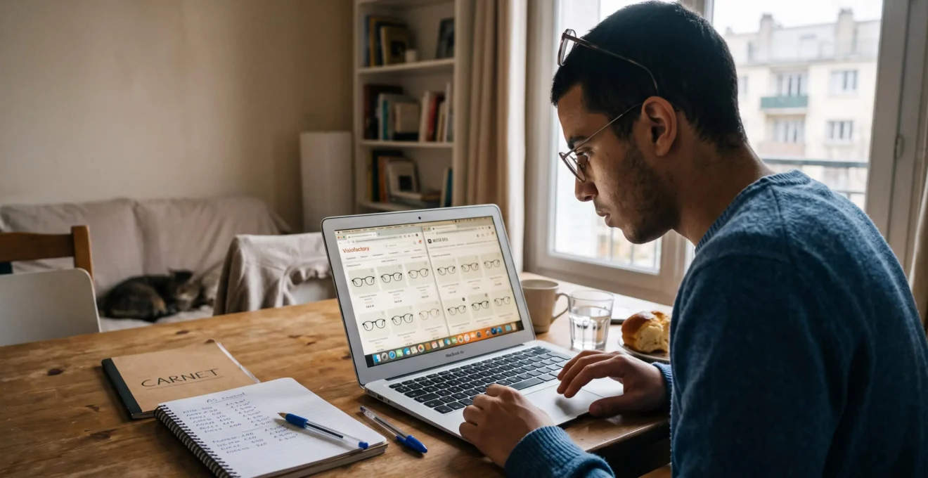 Un homme compare les prix de montures sur son ordinateur portable chez lui.