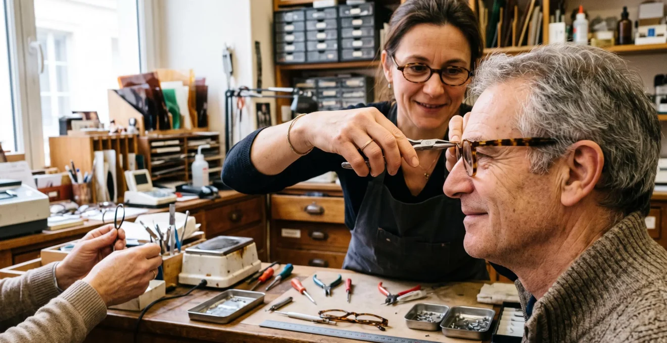 Un opticien ajuste une paire de lunettes sur le visage d'un client.